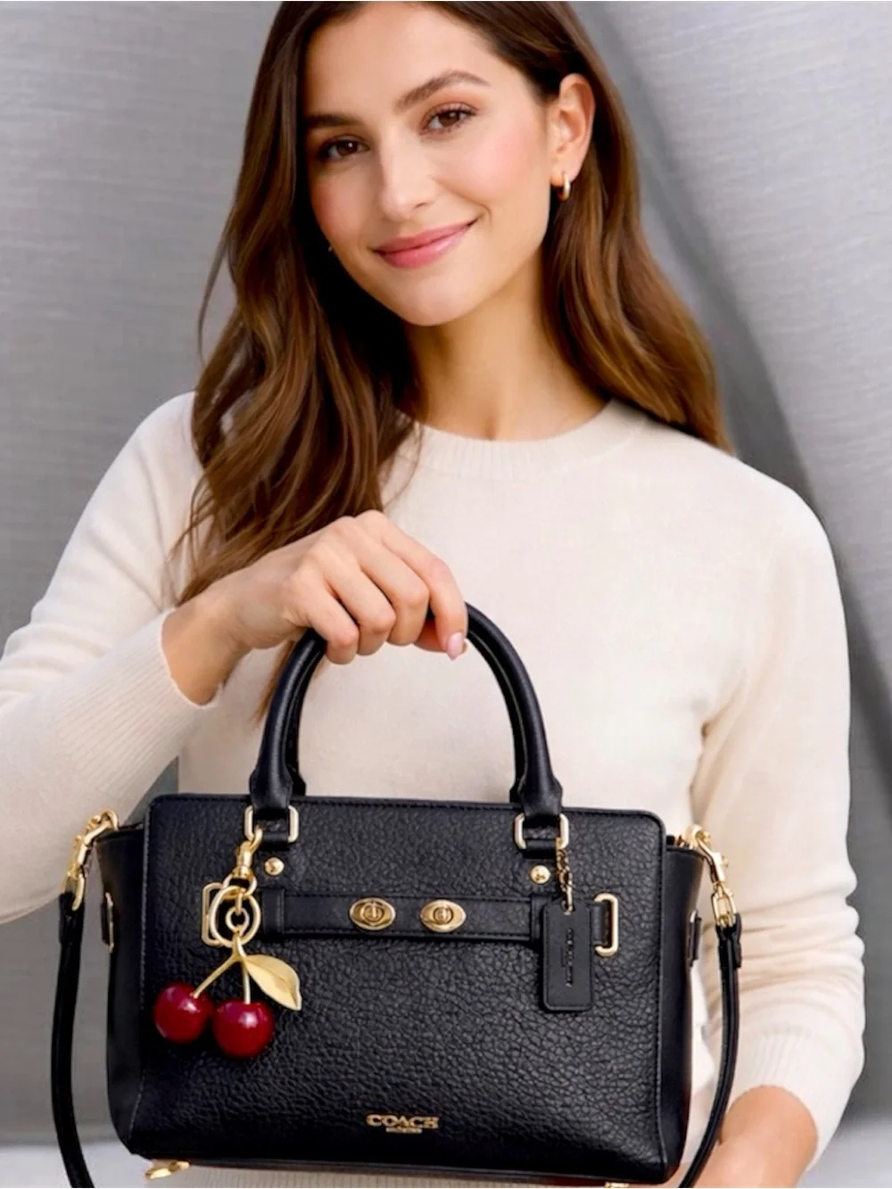 Coach Black Pebbled Leather Satchel with Cherry Charm and Gold Hardware